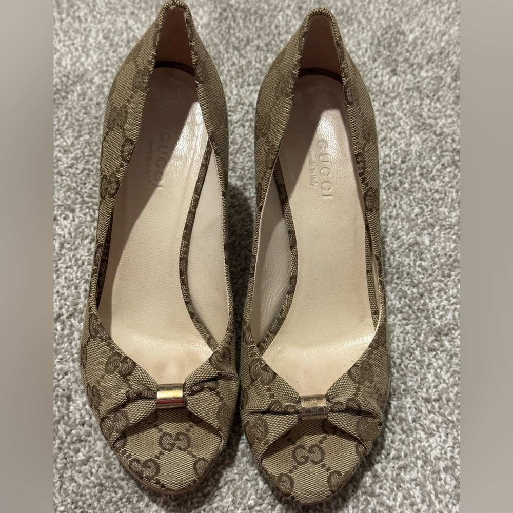 Gucci Tan Monogram Peep-Toe Heels